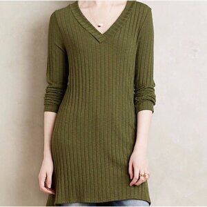Deletta Anthropologie Womens Green Ribbed Button Side Vneck Tunic Blouse Small